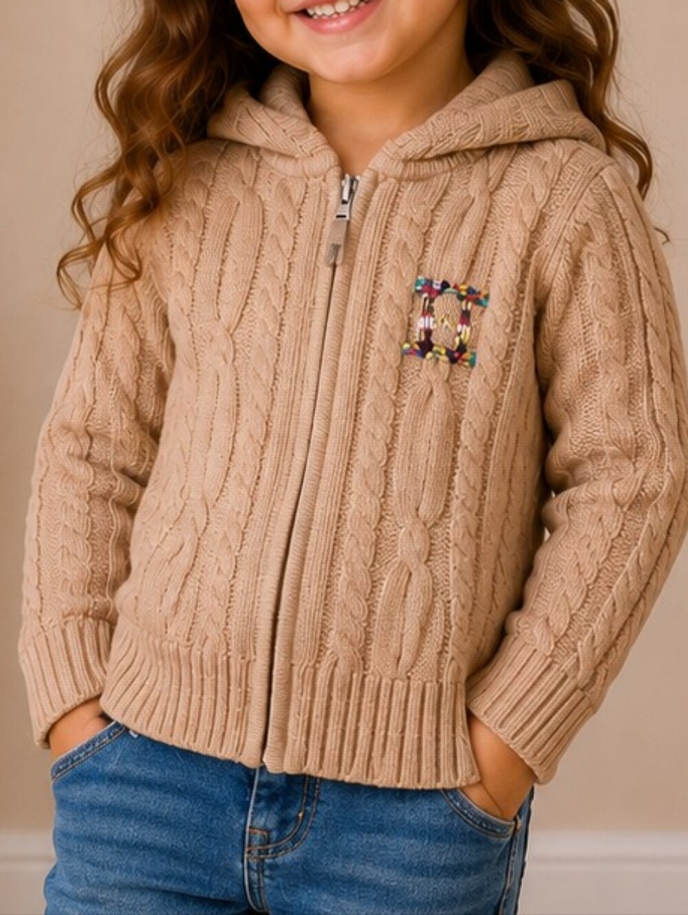Lands End Kids Cable Knit Sweater Hoodie Full Zip Tan Beige Combed Cotton